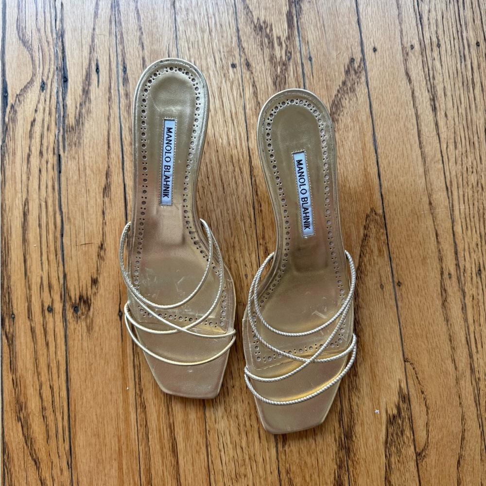 Manolo Blahnik Metallic Gold Strappy Heels